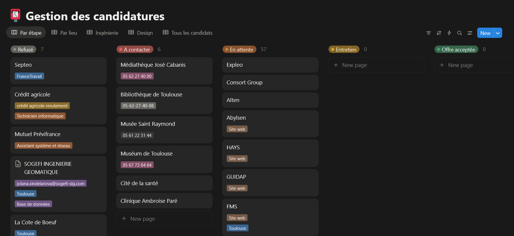 Tableau de suivi des candidatures
