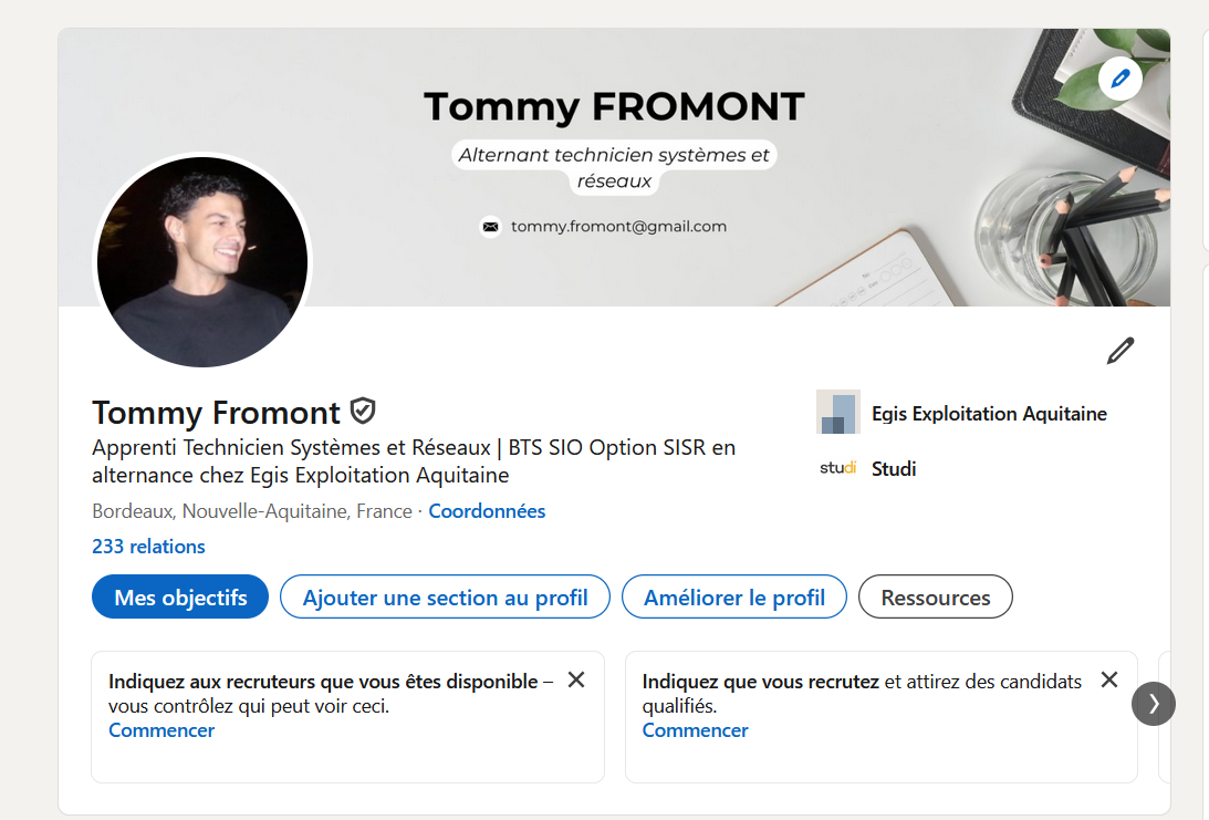 Capture de mon profil LinkedIn optimisé