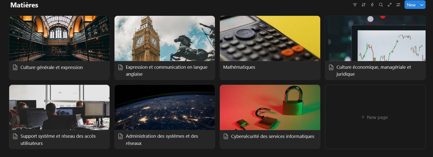 Mon menu Notion avec mes différentes matières
