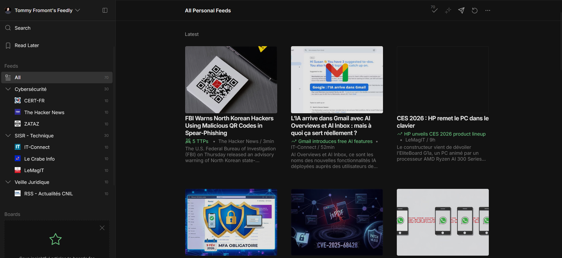 Capture d'écran de mon tableau de bord Feedly